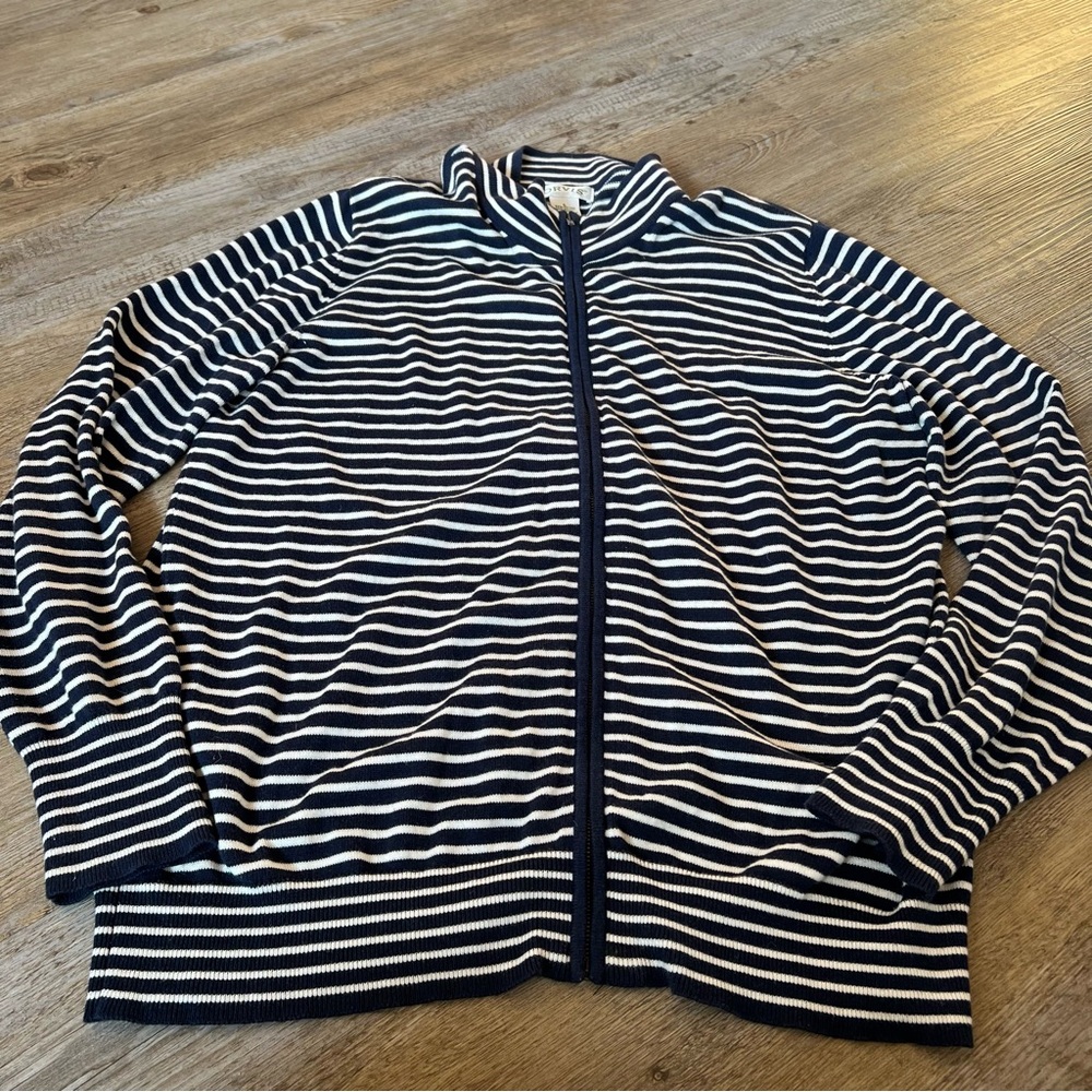 Orvis Navy and White Striped Zip Sweater L nautical lightweight